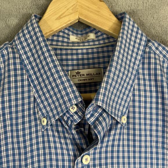 Peter Millar Shirt Mens XL Blue Check Crown Sport Button Down Silk Cotton - Picture 3 of 13